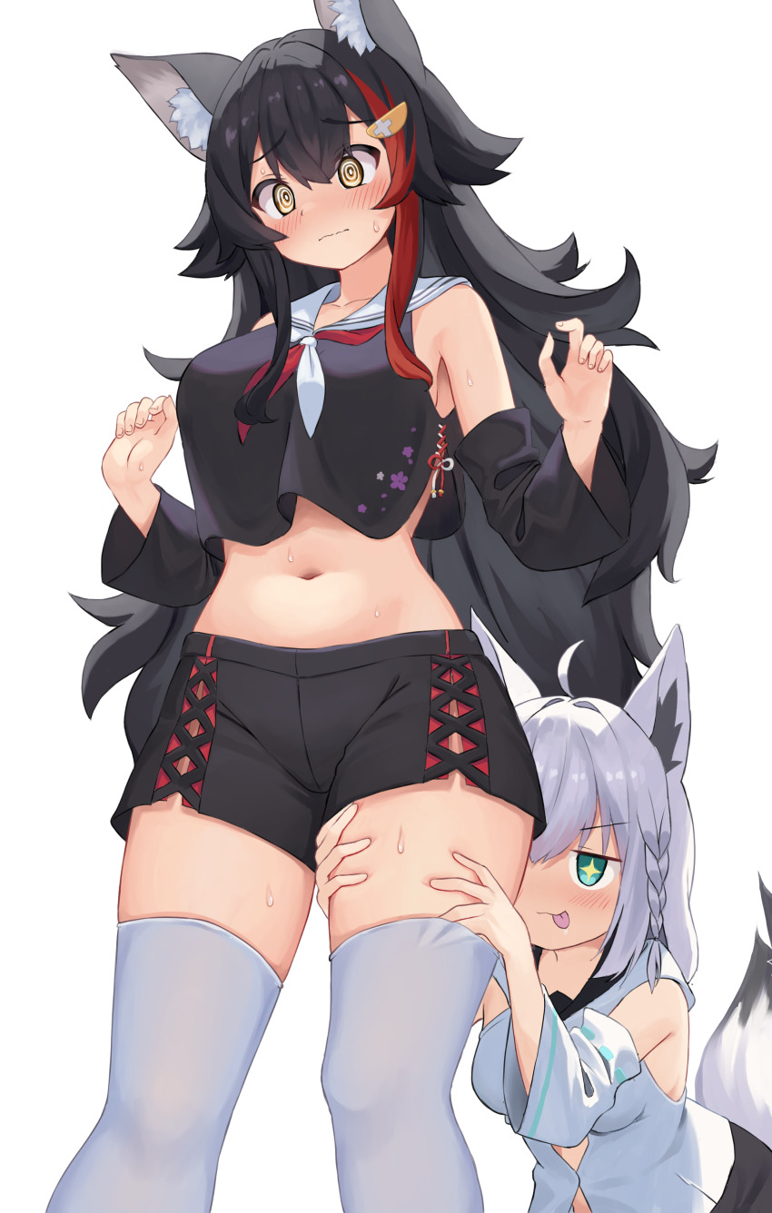 +_+, 2girls, :p, absurdres, ahoge, animal_ear_fluff, animal_ears, black_hair