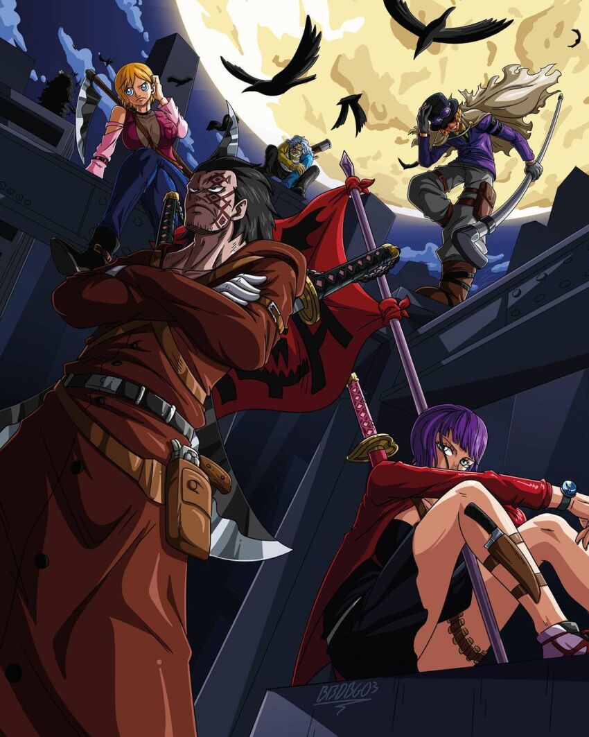 2girls, 4boys, bbdbg03, belo_betty, belt, belt_pouch, bird, black_dress