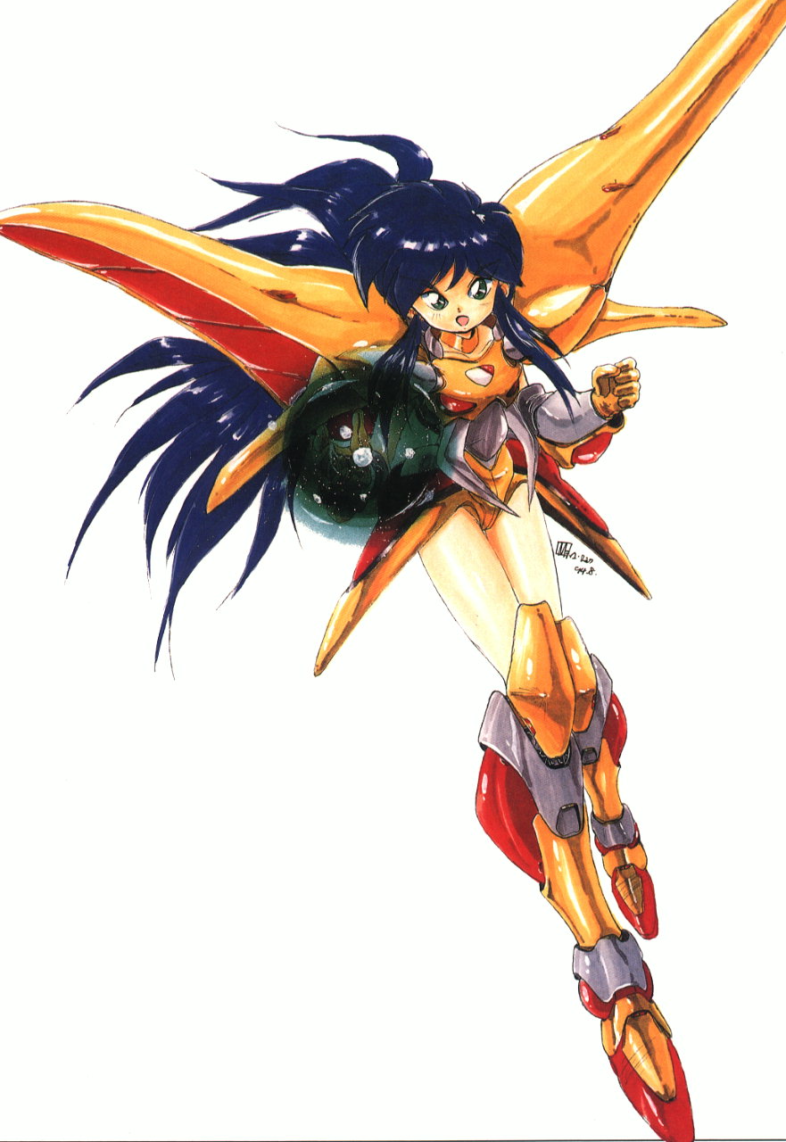 1990s_(style), 1girl, ahoge, akitaka_mika, armor, ayanokouji_sakuya, blue_hair, boots, choker, elbow_gloves, female_focus, full_body, ginga_ojou-sama_densetsu_yuna, gloves, greaves, green_eyes, highres, knee_boots, long_hair, magic, mecha_musume, official_art, open_mouth, pauldrons, retro_artstyle, scan, shoulder_armor, sidelocks, simple_background, solo, white_background