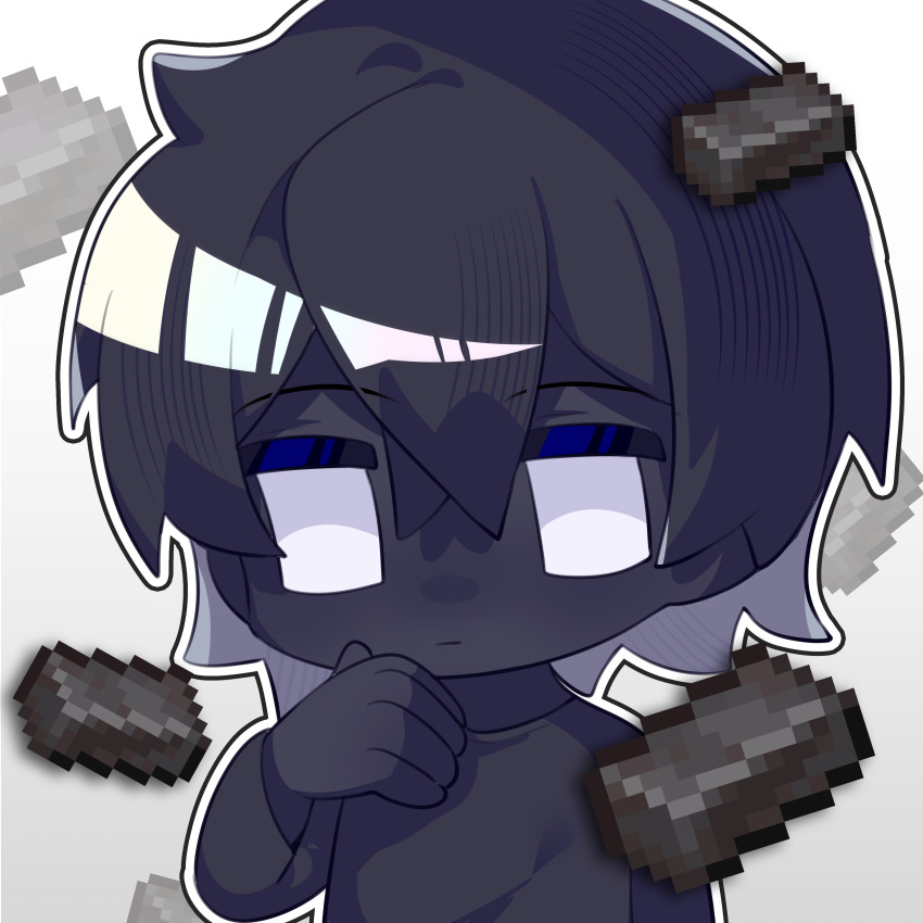 1boy, absurdres, androgynous, animification, black_hair, black_shirt, black_skin, chibi, chibi_only, chinese_commentary, closed_mouth, colored_skin, commentary_request, creepypasta, guaziren802, highres, looking_at_viewer, male_focus, medium_hair, minecraft, null_(creepypasta), outline, shirt, solo, steel_ingot, upper_body, white_background, white_eyes, white_outline