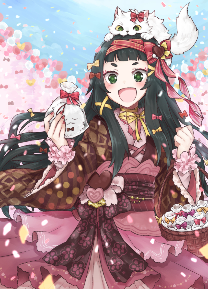 1girl, :d, animal, animal_on_head, bag, basket, black_hair, blue_sky