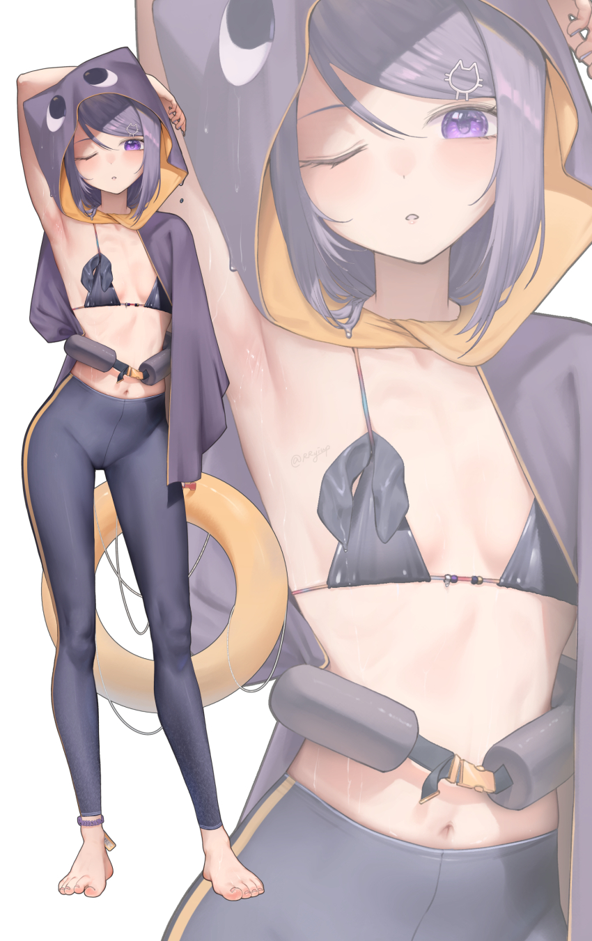 1girl, ;o, absurdres, ankle_strap, arm_behind_head, armpits, barefoot, bikini, black_bikini, black_leggings, breasts, cape, cat_hair_ornament, contrapposto, crotch_seam, full_body, hair_ornament, highres, hood, hood_up, hooded_cape, innertube, ksp_(vtuber), leggings, long_hair, looking_at_viewer, medium_hair, meridian_project, navel, one_eye_closed, purple_cape, purple_eyes, purple_hair, purple_hood, rryiup, small_breasts, standing, stomach, sweat, swept_bangs, swim_ring, swimsuit, virtual_youtuber, wet, white_background, zoom_layer