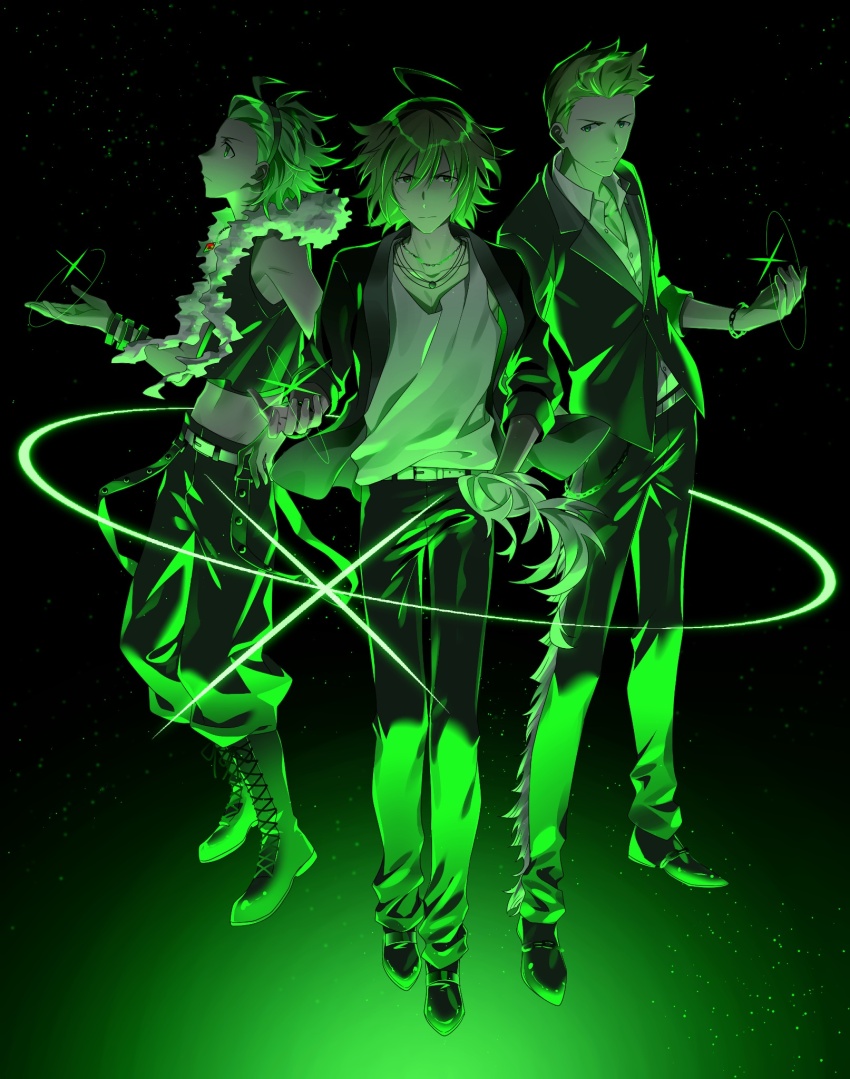 3boys, ahoge, amagase_touma, belt, blackish_961sp_(idolmaster), bracelet, collared_shirt, formal_clothes