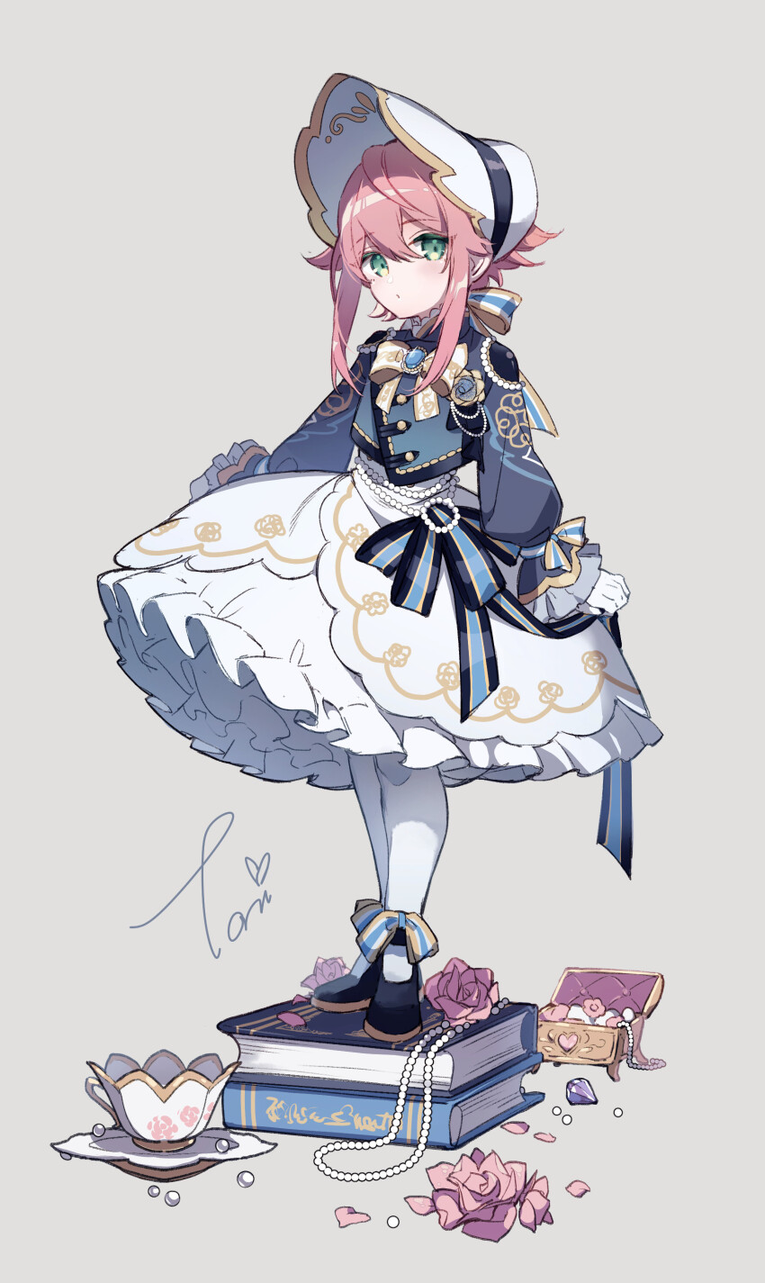 1boy, absurdres, accurate_lolita_coord, androgynous, arms_at_sides, back_bow, bead_belt, bead_necklace, beads, black_shoes, bonnet, bow, box, brooch, classic_lolita, clenched_hand, closed_mouth, clothing_cutout, cropped_jacket, crossdressing, crossdressing_(mtf), cup, dot_mouth, dot_nose, dress, ensemble_stars!, flower, footwear_bow, frilled_dress, frilled_sleeves, frills, full_body, gem, gloves, grey_background, haiyanjiatang, highres, hime_lolita, himemiya_tori, himemiya_tori_(white_brim), invisible_floor, jewelry, jewelry_box, layered_dress, layered_sleeves, legs_together, lolita_fashion, long_sleeves, looking_at_viewer, male_focus, mary_janes, necklace, on_book, pantyhose, petals, pink_flower, pink_petals, pink_rose, plate, puffy_dress, puffy_long_sleeves, puffy_sleeves, rose, shoes, shoulder_cutout, signature, simple_background, solo, standing, teacup, trap, unworn_jewelry, unworn_necklace, white_bonnet, white_gloves, white_pantyhose