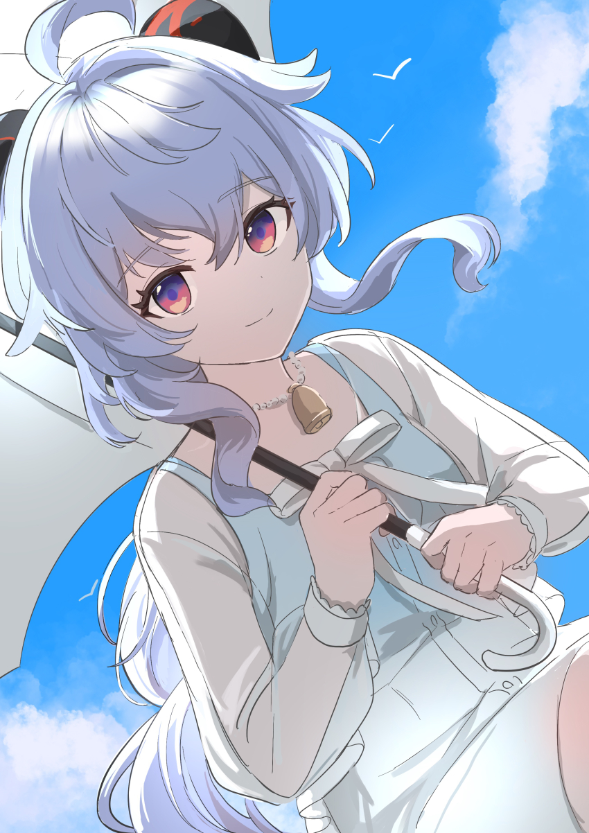 1girl, absurdres, ahoge, alternate_costume, bell, black_horns, blue_hair, blue_shirt