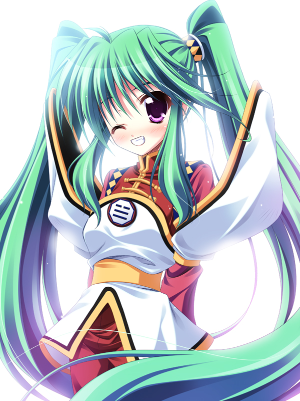 1990s_(style), 1girl, ahoge, ayako_(ginga_ojou-sama_densetsu_yuna), blush, endori, female_focus, ginga_ojou-sama_densetsu_yuna, green_hair, long_hair, one_eye_closed, purple_eyes, retro_artstyle, sidelocks, simple_background, smile, solo, teeth, trigram, twintails, white_background, wink