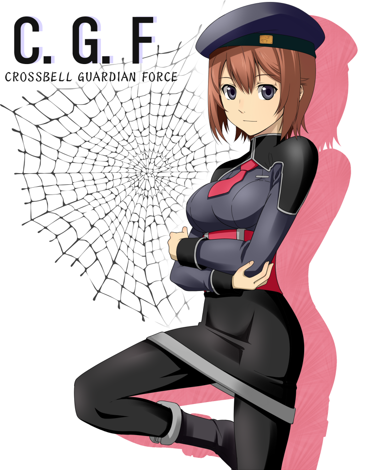 1girl, against_wall, beret, black_pantyhose, blue_eyes, breasts, brown_hair, eiyuu_densetsu, falcom, female_focus, hat, large_breasts, mikeneko_(stray-sheep), miniskirt, necktie, noel_seeker, pantyhose, shadow, short_hair, silk, skirt, solo, spider_web, white_background, zero_no_kiseki