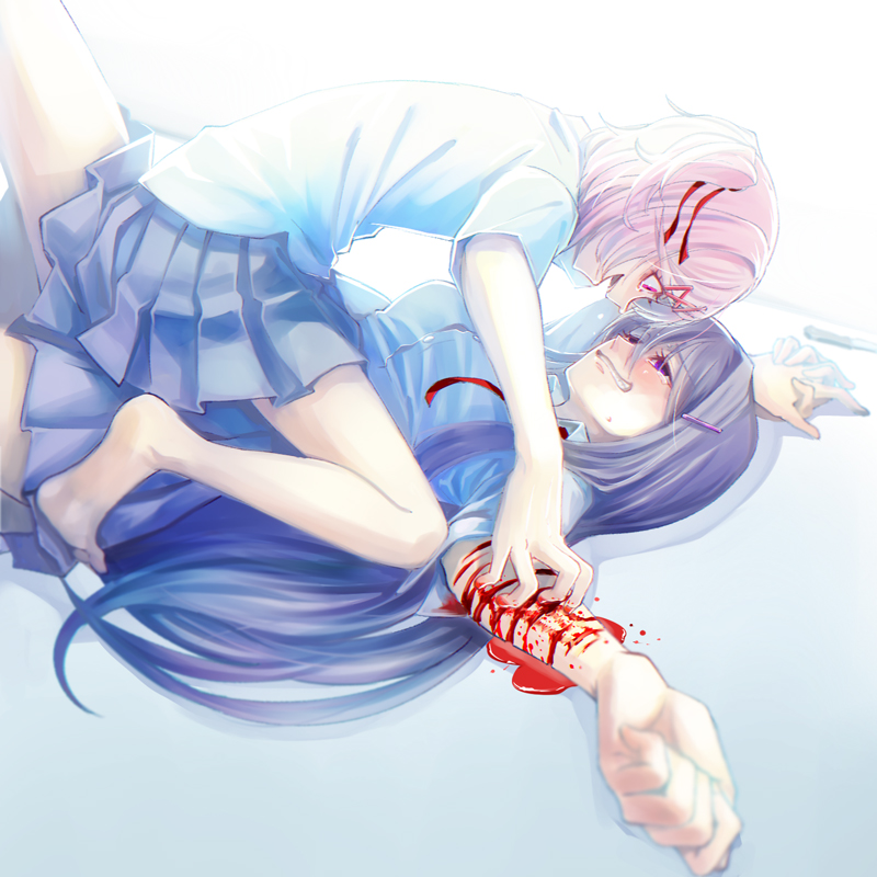2girls, blood, blood_on_ground, blood_on_hands, blue_skirt, blush, cutting, doki_doki_literature_club, dress_shirt, evil_smile, facing_to_the_side, grin, guro, hair_ribbon, hand_on_another's_arm, holding_hands, injury, knife, looking_down, looking_up, multiple_girls, murai_shinobu, natsuki_(doki_doki_literature_club), on_ground, open_mouth, pink_eyes, pink_hair, pinned, pleated_skirt, purple_eyes, purple_hair, red_ribbon, ribbon, scratching, scratching_arm, self-harm, shirt, skirt, smile, sweatdrop, white_background, white_shirt, yuri_(doki_doki_literature_club)