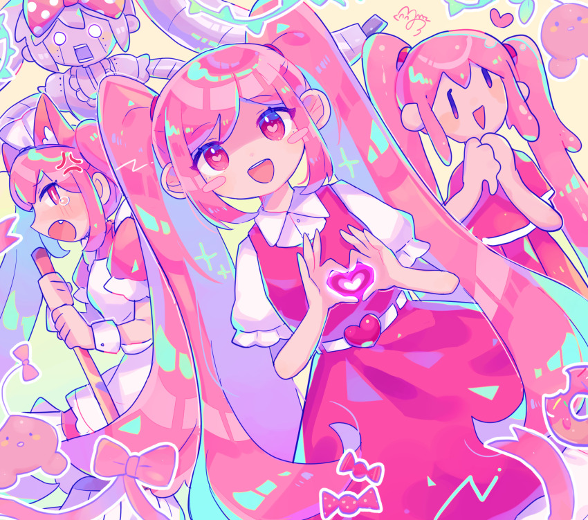 4girls, babydoll, blush, bow, dress, hair_bow, heart, heart_hands