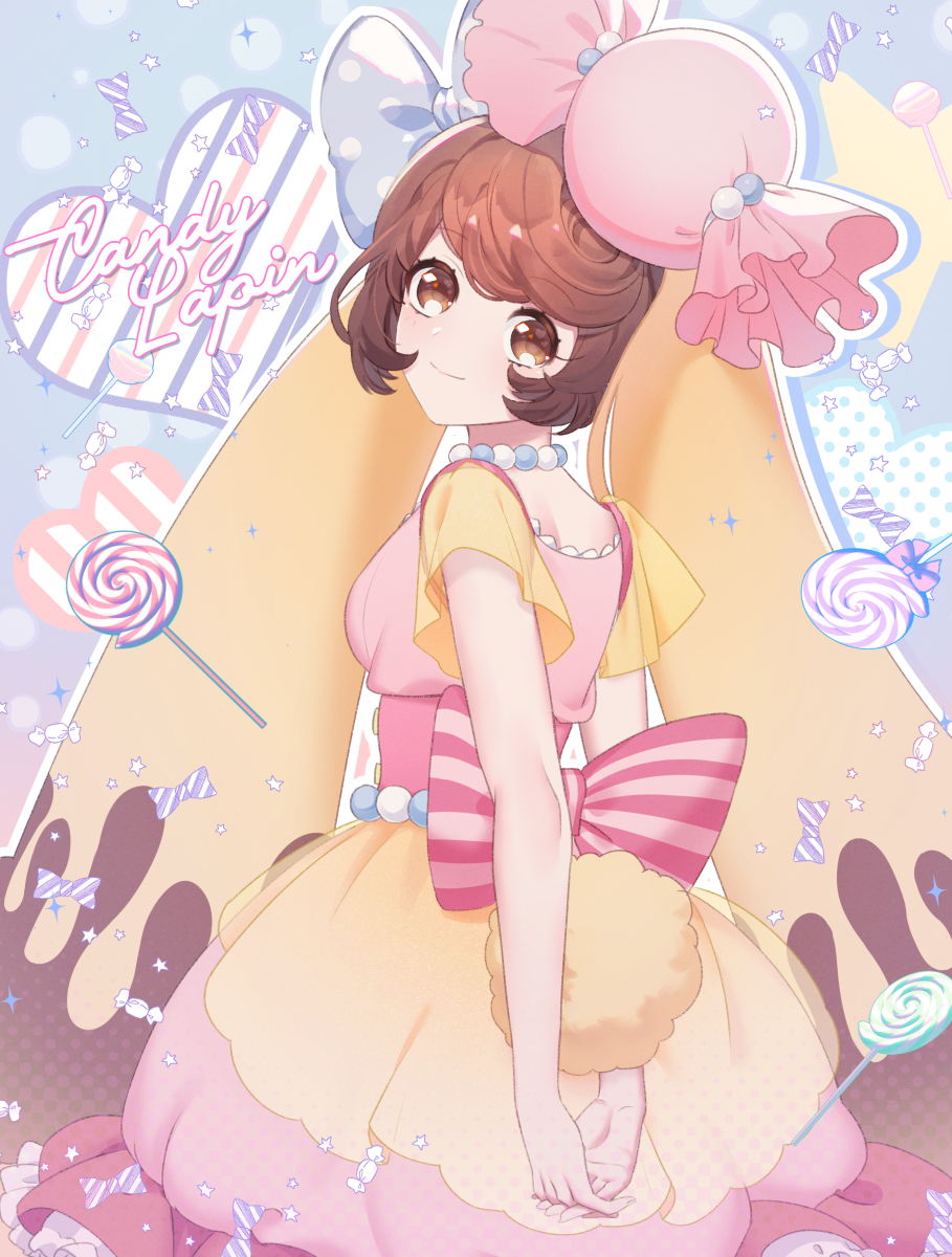 1girl, animal_ears, arms_behind_back, back_bow, bead_choker, blue_background, bow, brown_eyes