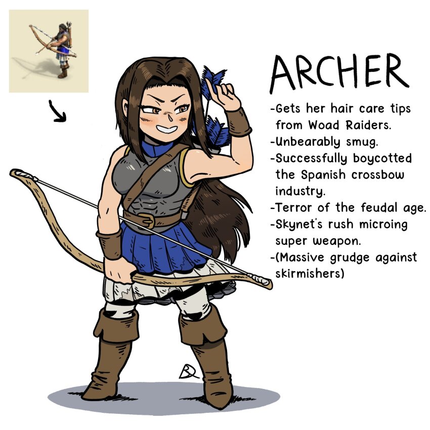 1boy, 1girl, age_of_empires_(series), age_of_empires_ii, archer_(aoe2), armor, arrow_(projectile), boots, bow_(weapon), breastplate, brown_hair, english_text, highres, holding, holding_bow_(weapon), holding_weapon, kabewski, long_hair, quiver, skirt, weapon, white_background