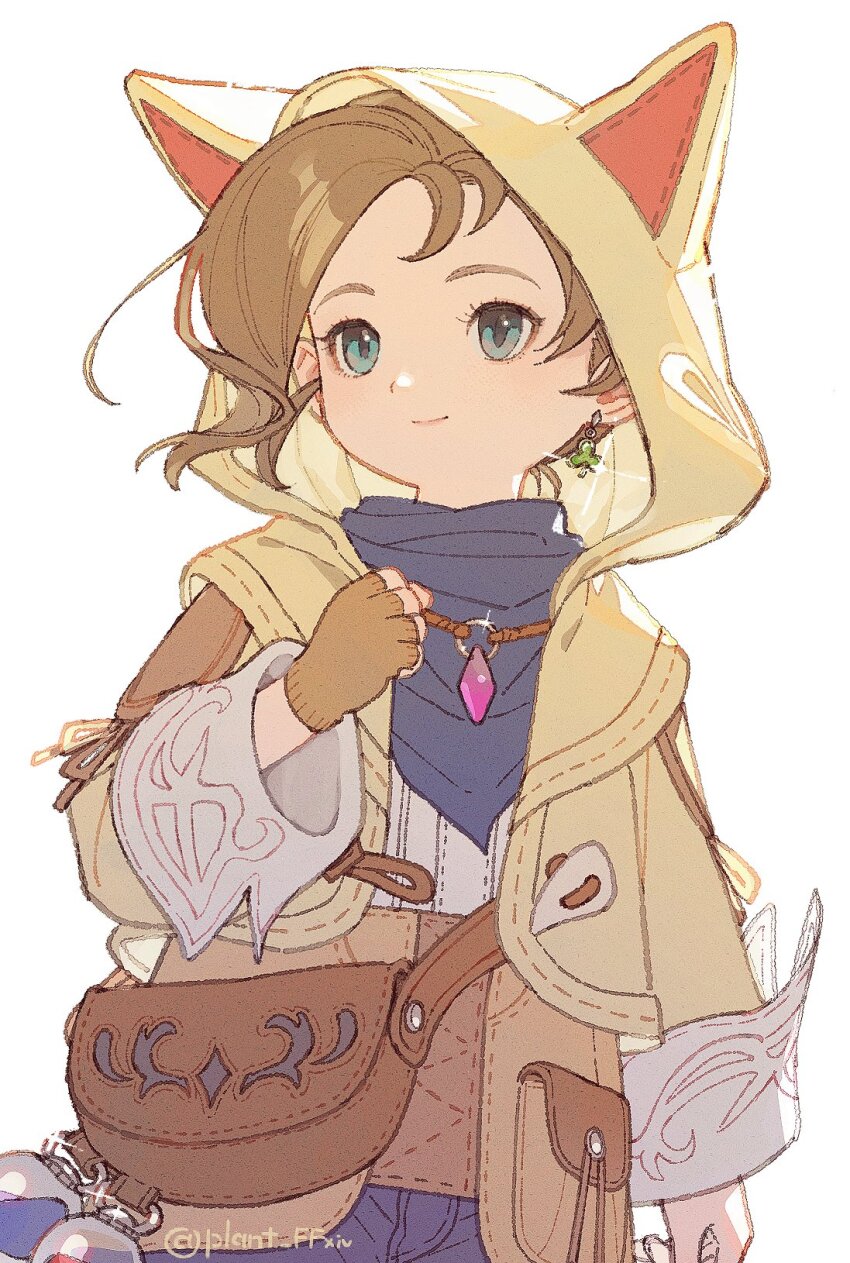 1girl, animal_hood, blue_eyes, blue_scarf, brown_gloves, brown_hair, cat_hood, cowboy_shot, doranatsu_(plant_ffxiv), earrings, fanny_pack, final_fantasy, final_fantasy_xiv, fingerless_gloves, gloves, highres, hood, hood_up, hooded_jacket, jacket, jewelry, krile_baldesion_(ff14), lalafell, o-ring, pointy_ears, pouch, scarf, short_hair, signature, simple_background, single_earring, single_fingerless_glove, smile, solo, standing, twitter_username, white_background, yellow_jacket