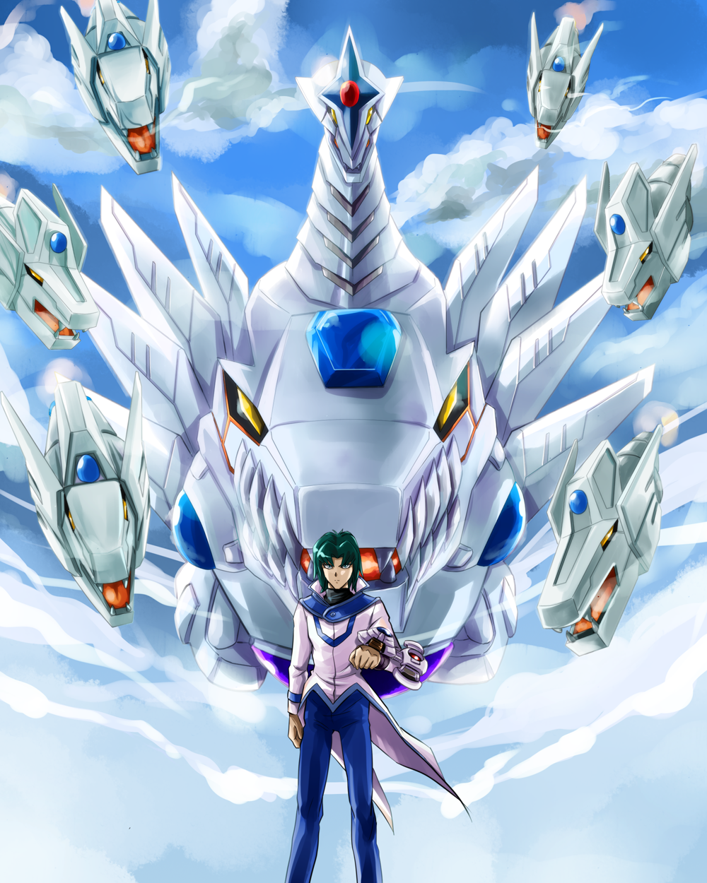 1boy, ashi_ura, blue_eyes, cloud, cyber_eltanin, day, duel_disk, duel_monster, green_hair, highres, male_focus, marufuji_ryo, obelisk_blue_uniform, pile_of_cards, school_uniform, short_hair, sky, yu-gi-oh!, yu-gi-oh!_gx, yu-gi-oh_(card)