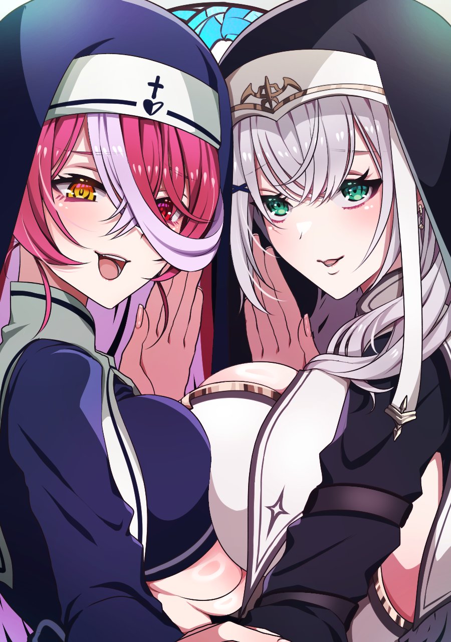 2girls, asymmetrical_docking, black_dress, black_hat, blue_dress, blue_hat, breast_curtains, breast_press