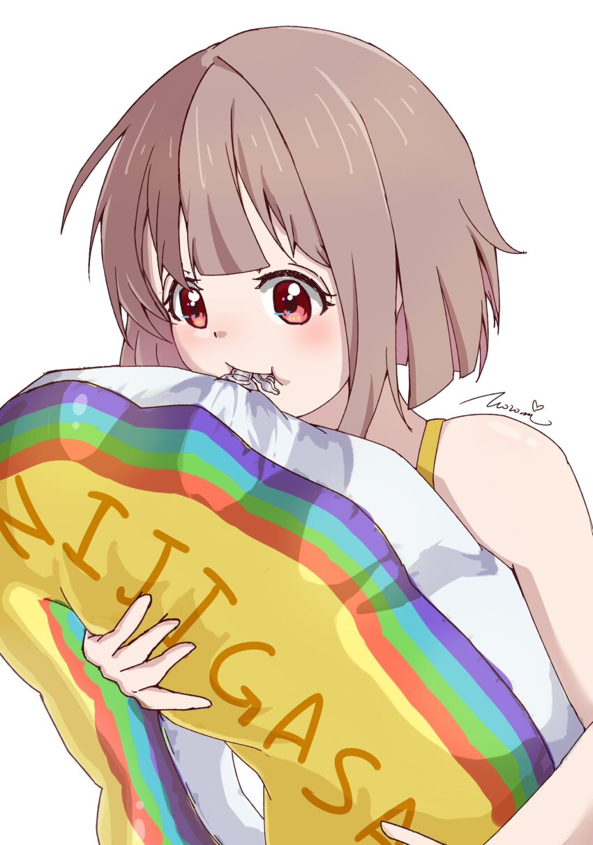 1girl, blowing, blush, bob_cut, commentary_request, copyright_name, grey_hair, highres, holding, holding_swim_ring, innertube, love_live!, love_live!_nijigasaki_high_school_idol_club, luozomi, nakasu_kasumi, puffy_cheeks, rainbow_print, red_eyes, short_hair, signature, solo, swim_ring, upper_body, white_background