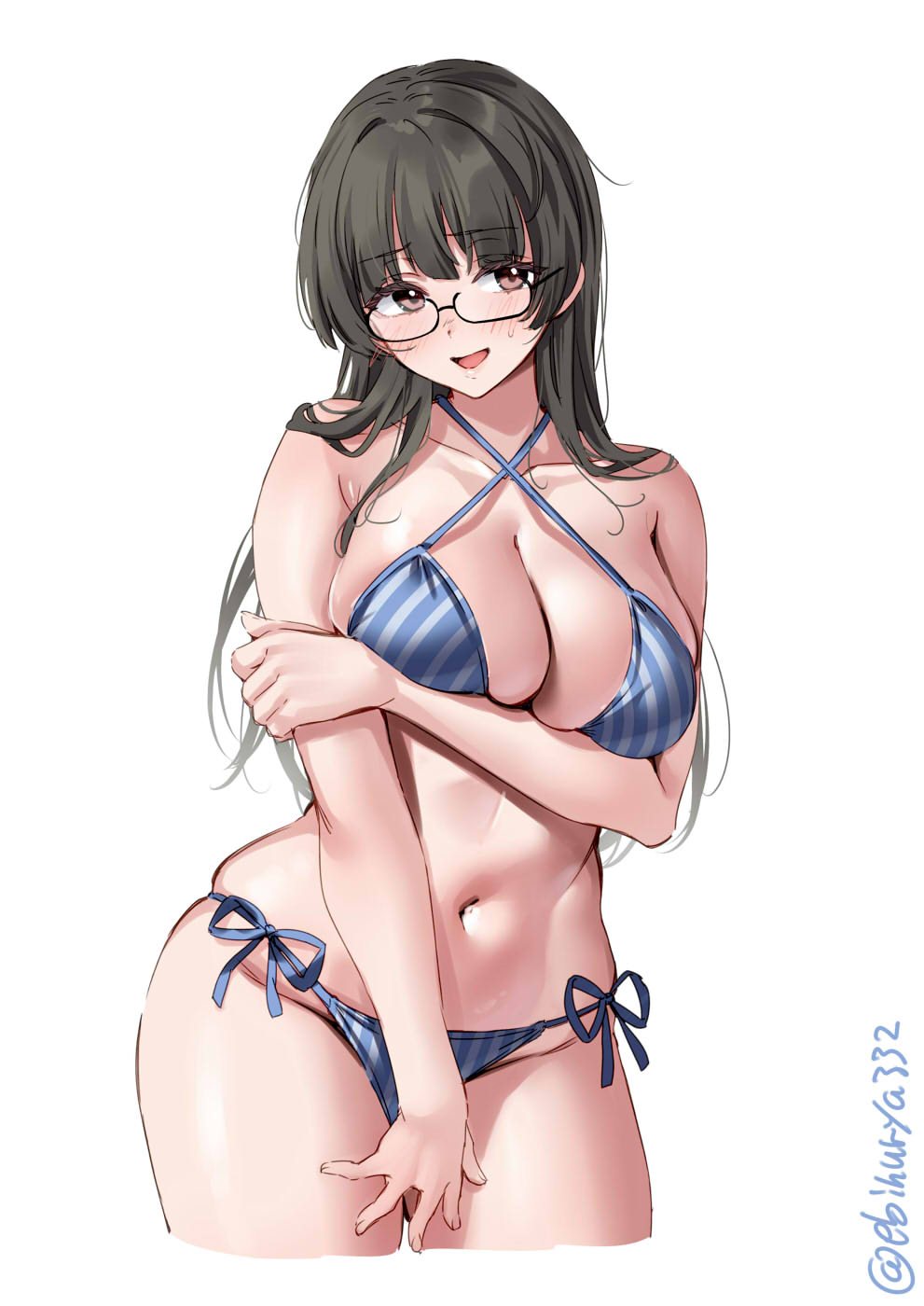 1girl, artist_name, bare_shoulders, bikini, black-framed_eyewear, black_hair, blue_bikini, blush