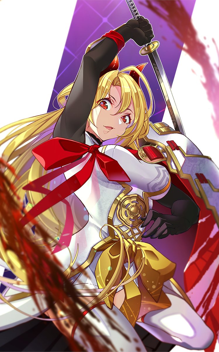 1girl, alternate_costume, arm_up, armor, black_gloves, blonde_hair, cape, commentary