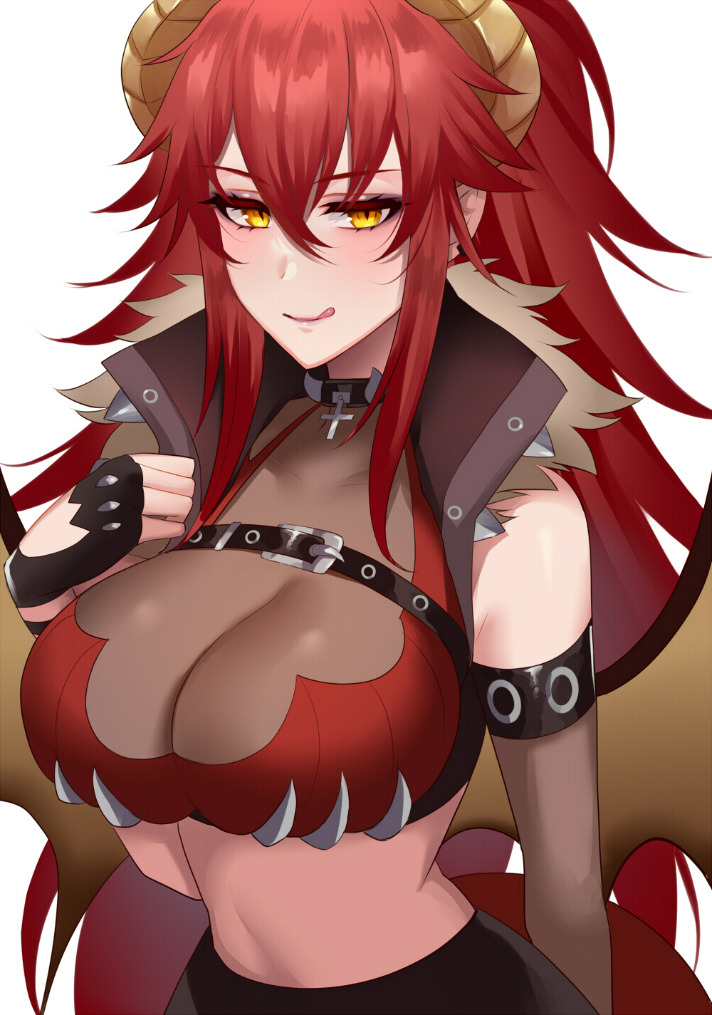 1girl, :q, belt, bikini, black_belt, black_gloves, breasts, chest_belt, cleavage, cross, detached_sleeves, dragon_horns, dragon_wings, eyelashes, fingerless_gloves, fur_trim, gloves, hair_between_eyes, highres, hioka_h, horns, large_breasts, midriff, red_bikini, red_hair, solo, swimsuit, tongue, tongue_out, virtual_youtuber, vshojo, wings, yellow_eyes, zentreya, zentreya_(dragon), zentreya_(dragon)_(1st_costume)