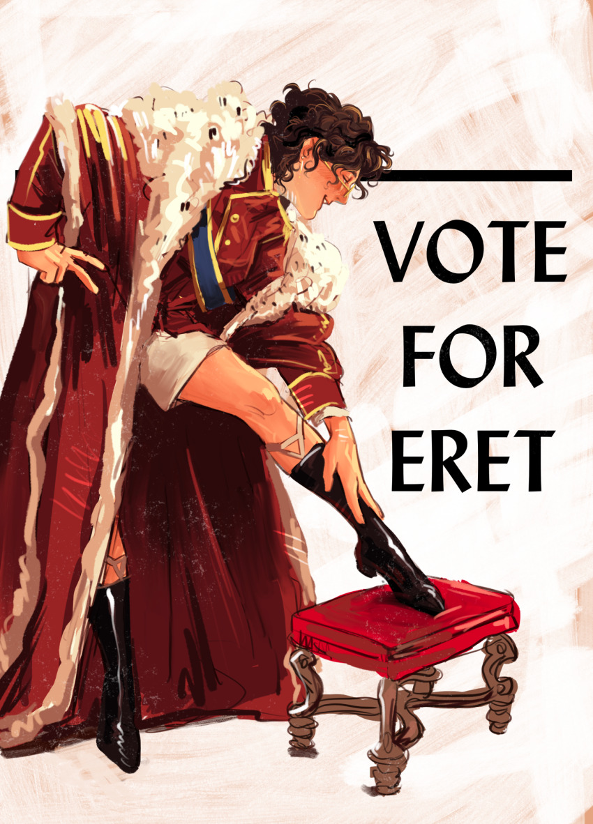 1other, black_footwear, black_socks, blue_sash, brown_hair, cape, curly_hair, dream_smp