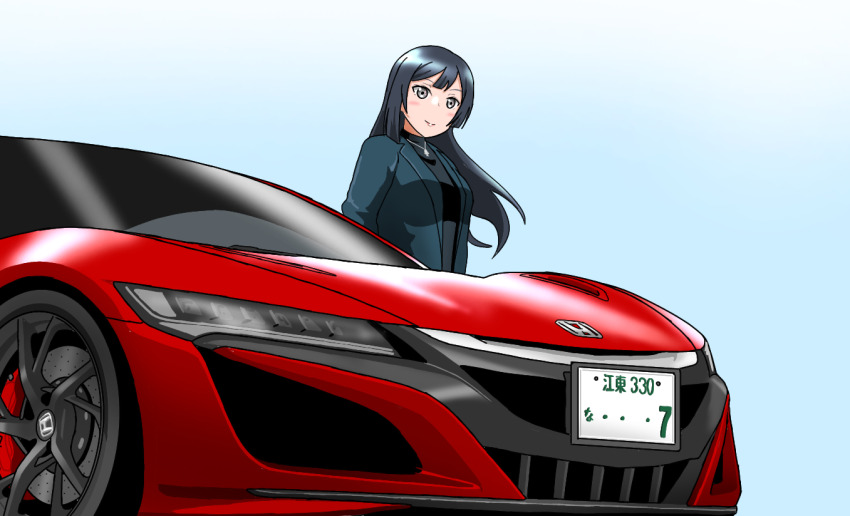 1girl, black_hair, black_shirt, blue_jacket, breasts, car, closed_mouth, commentary_request, grey_eyes, honda, honda_nsx, jacket, jewelry, long_hair, long_sleeves, looking_at_viewer, love_live!, love_live!_nijigasaki_high_school_idol_club, medium_breasts, motor_vehicle, necklace, shirt, sidelocks, smile, solo, standing, upper_body, vehicle_focus, yohakichi, yuki_setsuna