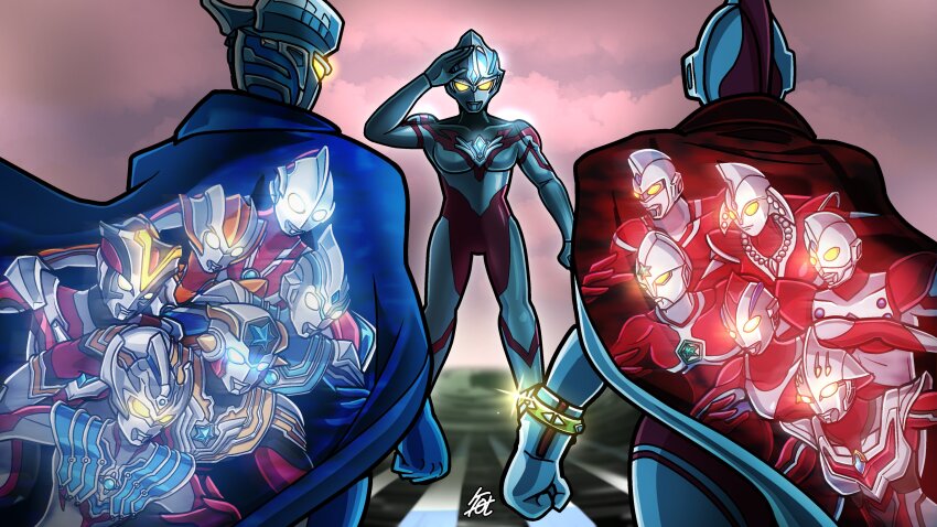 3boys, absurdres, alien, cape, color_timer, glowing, glowing_eyes, highres