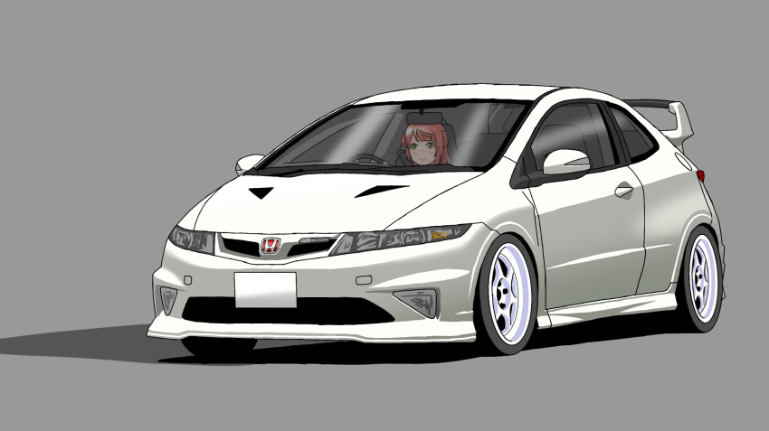 1girl, blush, car, closed_mouth, commentary_request, driving, grey_background, hair_bun, highres, honda, honda_civic, honda_civic_type_r, love_live!, love_live!_nijigasaki_high_school_idol_club, motor_vehicle, red_hair, shadow, single_side_bun, solo, spoiler_(automobile), uehara_ayumu, vehicle_focus, yellow_eyes, yohakichi