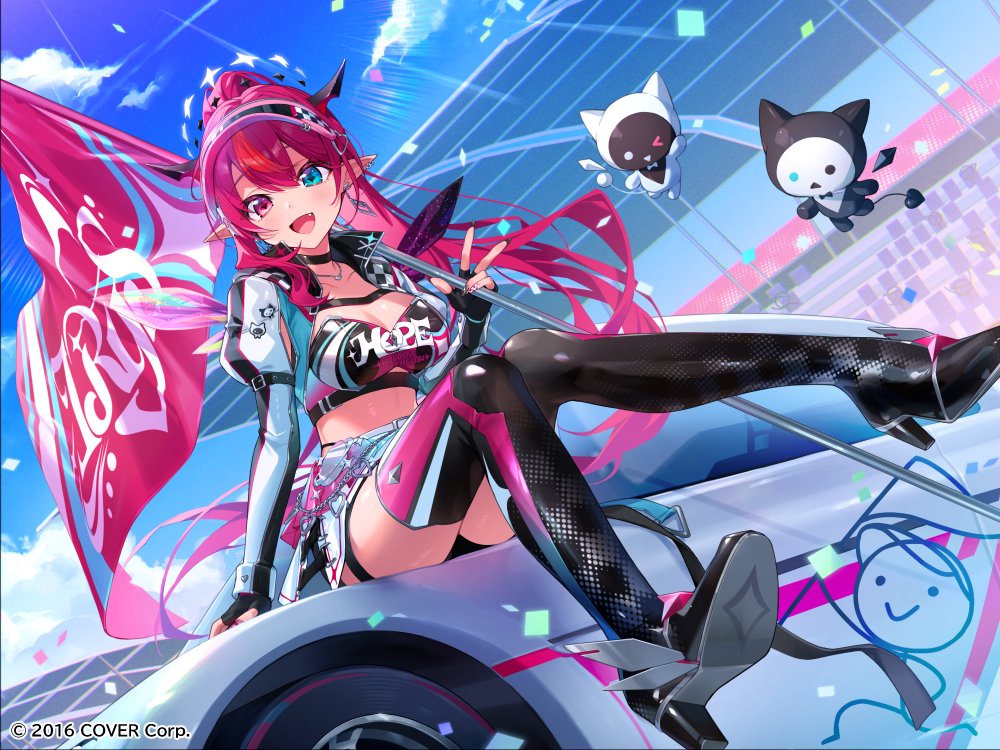 black_boots, bloom_(irys), boots, breasts, car, cleavage, cloud, demon_horns