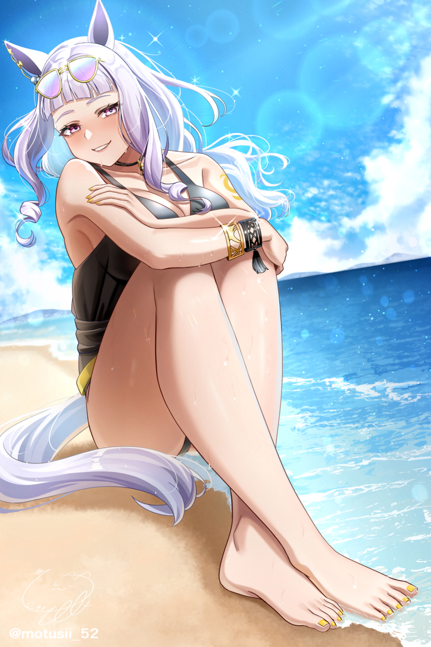 1girl, animal_ears, barefoot, beach, black_one-piece_swimsuit, blue_sky, blush, bracelet