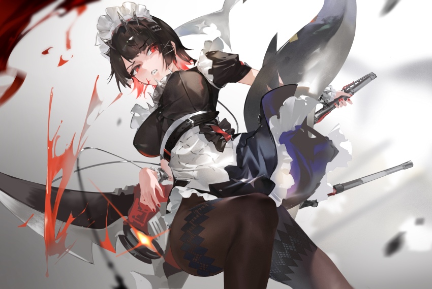 1girl, absurdres, annoyed, belt, black_belt, black_dress, black_hair, black_pantyhose, chiaspicy, colored_inner_hair, dress, ellen_joe, fingernails, fins, fish_tail, gradient_background, hair_between_eyes, hair_ornament, hairclip, highres, holding, holding_weapon, mole, mole_under_eye, multicolored_hair, nail_polish, pantyhose, red_eyes, red_hair, red_nails, scar, scar_on_tail, shark_tail, short_hair, short_sleeves, sidelocks, solo, tail, thighs, two-tone_hair, weapon, zenless_zone_zero