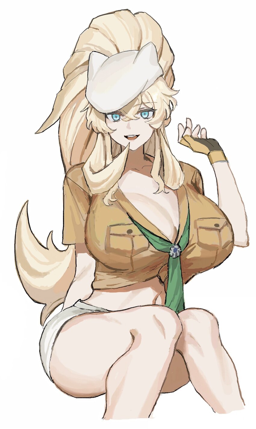 1girl, 42u16, barghest_(fate), barghest_(swimsuit_archer)_(first_ascension)_(fate), blonde_hair, blue_eyes, breast_pocket, breasts, cleavage, commentary_request, crop_top, crossed_bangs, fate/grand_order, fate_(series), fingerless_gloves, gloves, green_neckerchief, hat, highres, huge_breasts, long_hair, looking_at_viewer, neckerchief, open_mouth, orange_shirt, pocket, ponytail, shirt, short_shorts, short_sleeves, shorts, simple_background, sitting, solo, white_background, white_hat