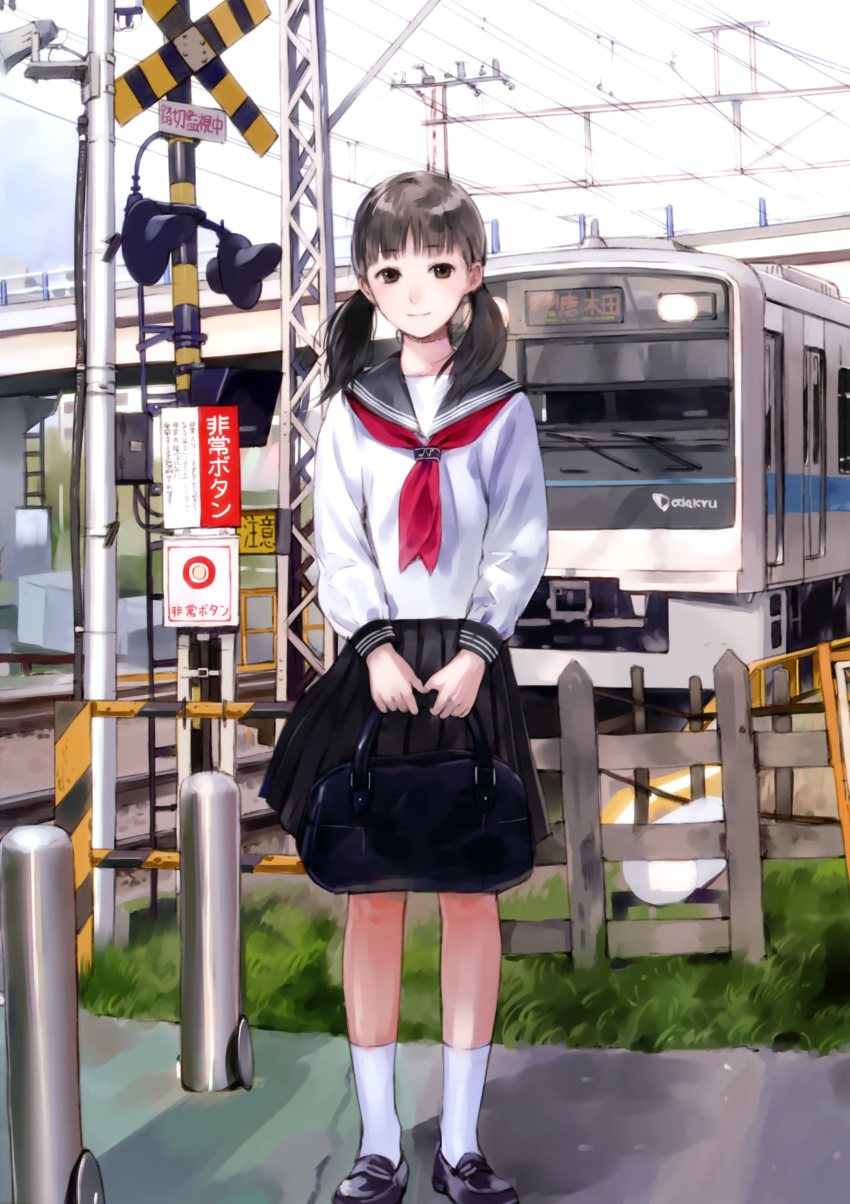 1girl, absurdres, bag, black_eyes, black_hair, black_shoes, female_focus, highres, kishida_mel, loafers, long_hair, multiple_unit_train, neckerchief, odakyu_electric_railway, original, pleated_skirt, railroad_crossing, railroad_tracks, real_world_location, sailor_collar, school_bag, school_uniform, serafuku, shoes, skirt, smile, socks, solo, standing, train, twintails, white_socks