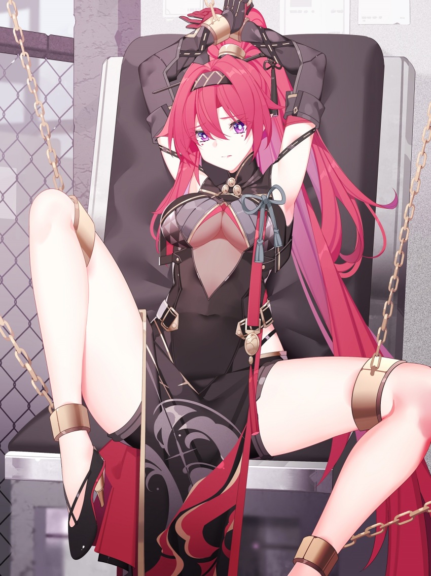 1girl, absurdly_long_hair, armpits, arms_up, bare_legs, black_bodysuit, black_footwear, black_gloves