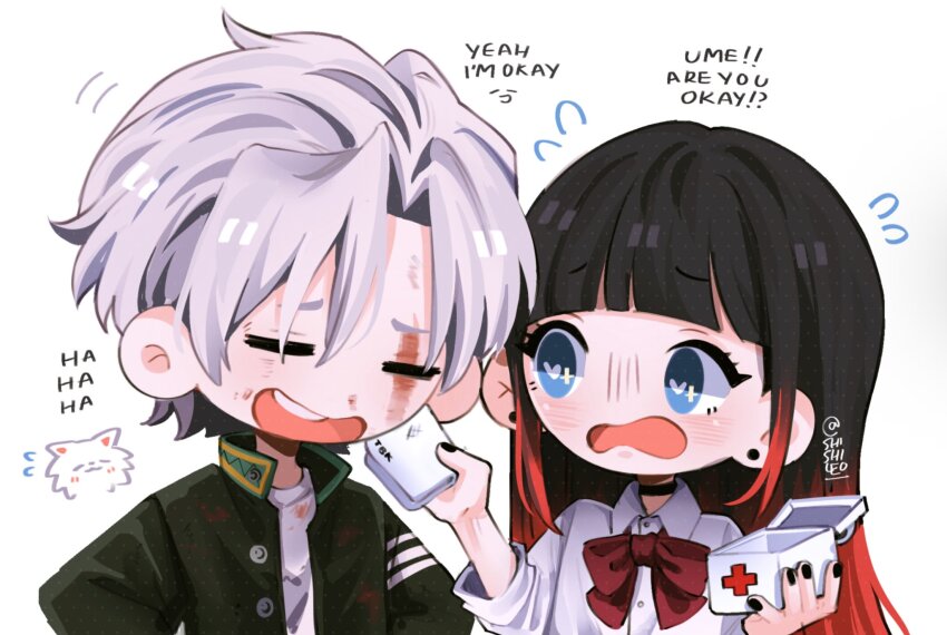 2boys, androgynous, black_hair, blood, blood_on_face, blue_eyes, blush, cat