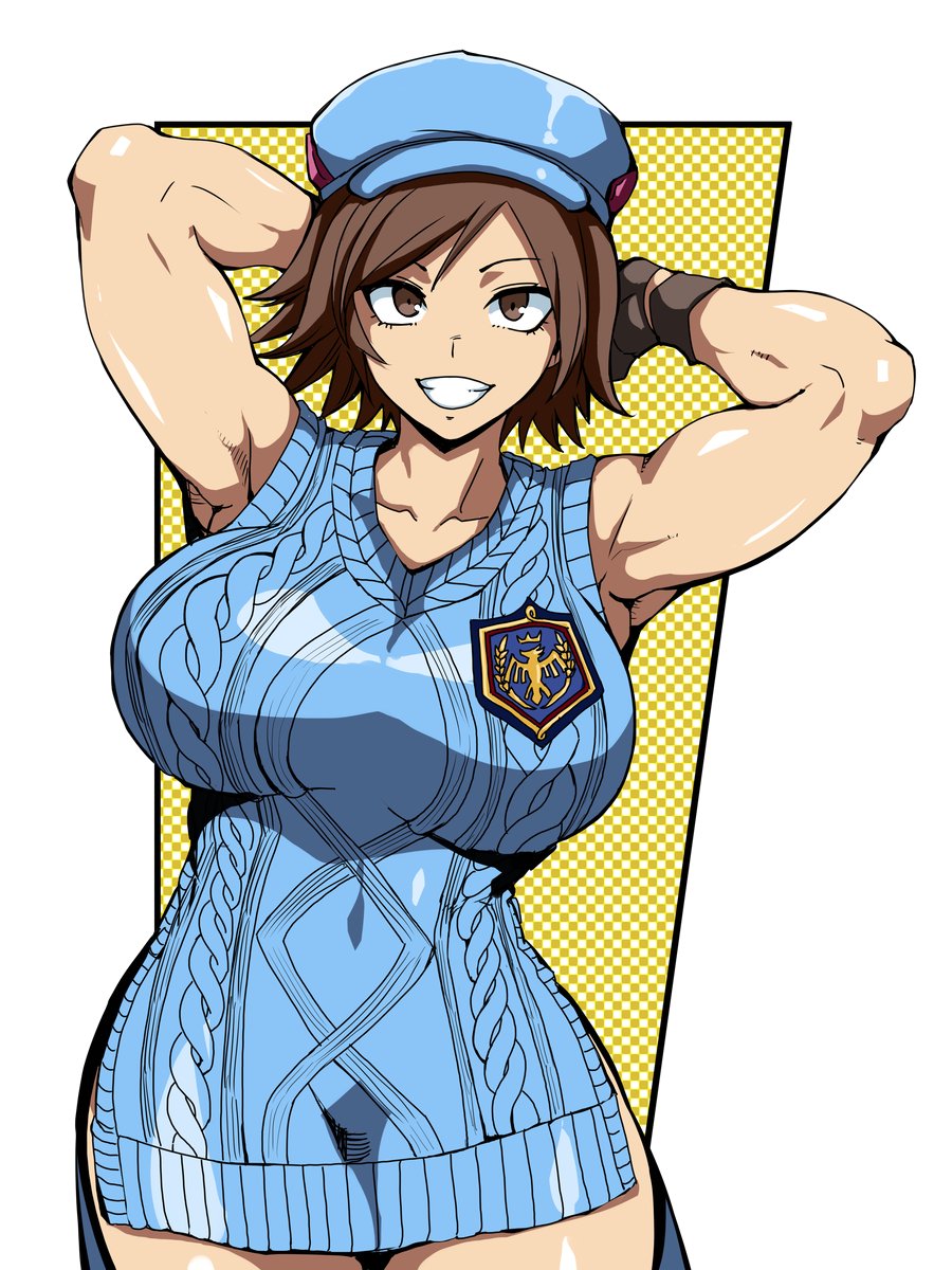 1d1htr, 1girl, arm_up, armpits, arms_behind_head, arms_up, bare_shoulders, biceps, blue_sweater, breasts, brown_eyes, brown_hair, dress, fingerless_gloves, gloves, hat, highres, kazama_asuka, large_breasts, looking_at_viewer, muscular, muscular_female, ribbed_dress, ribbed_sweater, short_hair, smile, solo, sweater, sweater_dress, tekken, tekken_8, tomboy