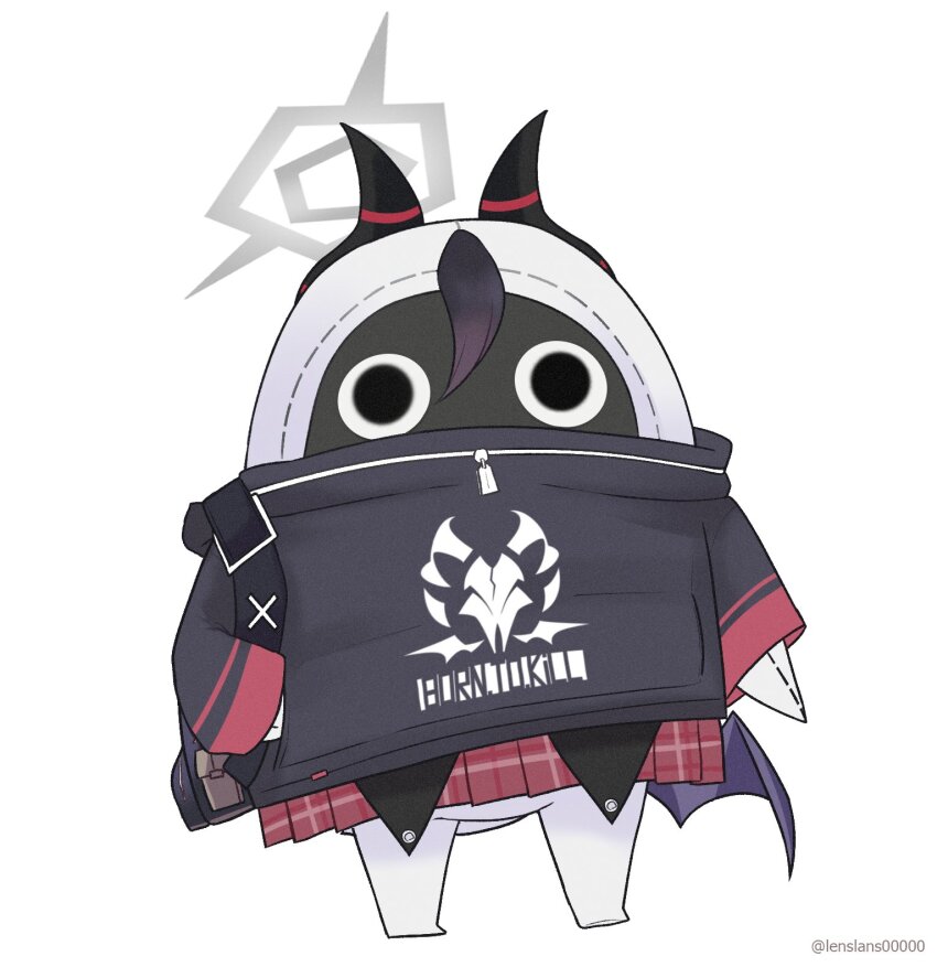 bangboo_(zenless_zone_zero), black_hoodie, blue_archive, commentary, cosplay, demon_horns, demon_wings, english_commentary