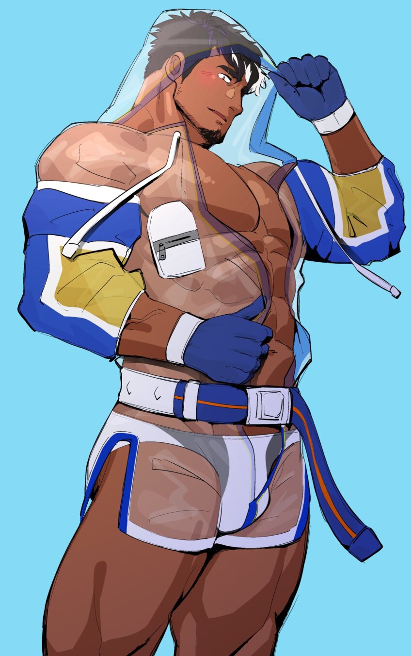 1boy, abs, bara, bare_pectorals, belt, black_hair, blush, cowboy_shot