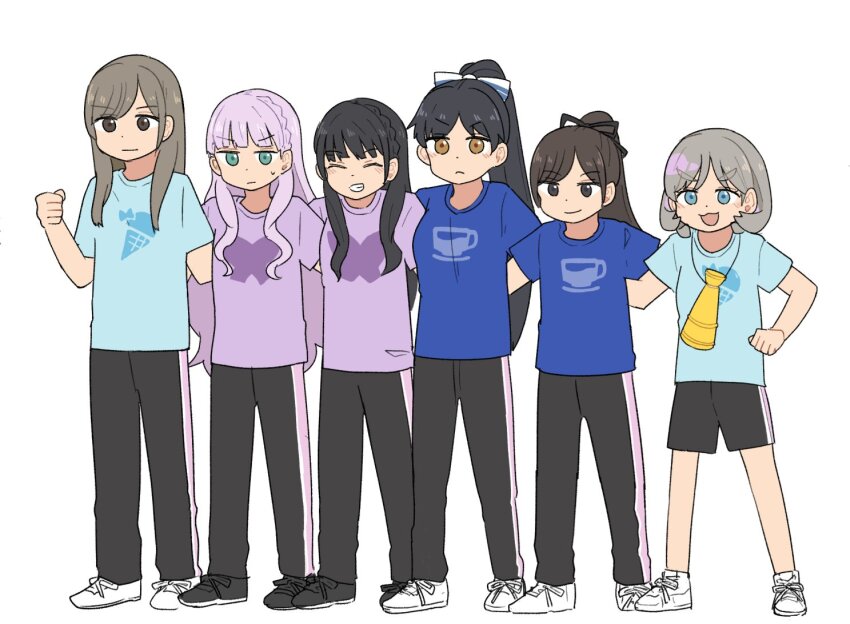 6+girls, :3, aoyama_nagisa, black_footwear, black_hair, black_pants, black_shorts, blue_eyes