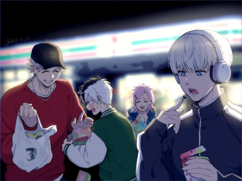 4boys, bag, black_hair, black_hat, blue_jacket, blush, candy, chin_piercing