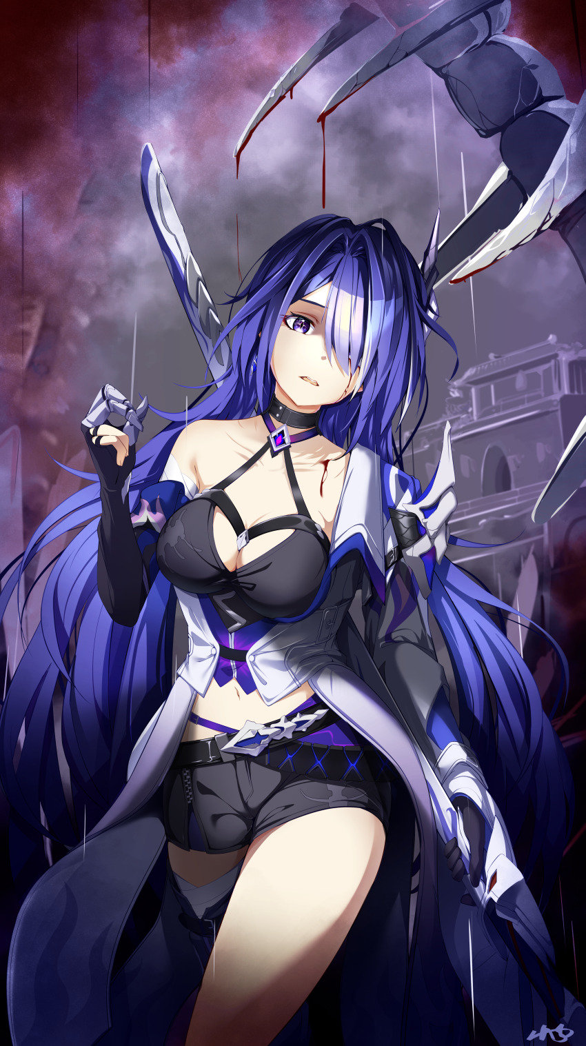 1girl, absurdres, acheron_(honkai:_star_rail), architecture, armor, bandaged_arm, bandaged_leg, bandages