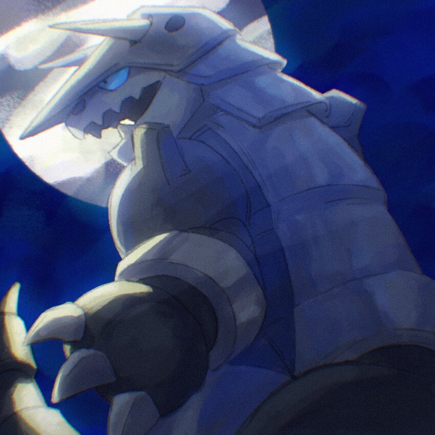 aggron, armor, blue_sclera, claws, colored_sclera, from_side, full_moon, gen_3_pokemon, highres, horns, moon, night, nintendo, open_mouth, outdoors, pokemon, pokemon_(creature), sharp_teeth, solo, ssns_dot, standing, teeth, upper_body