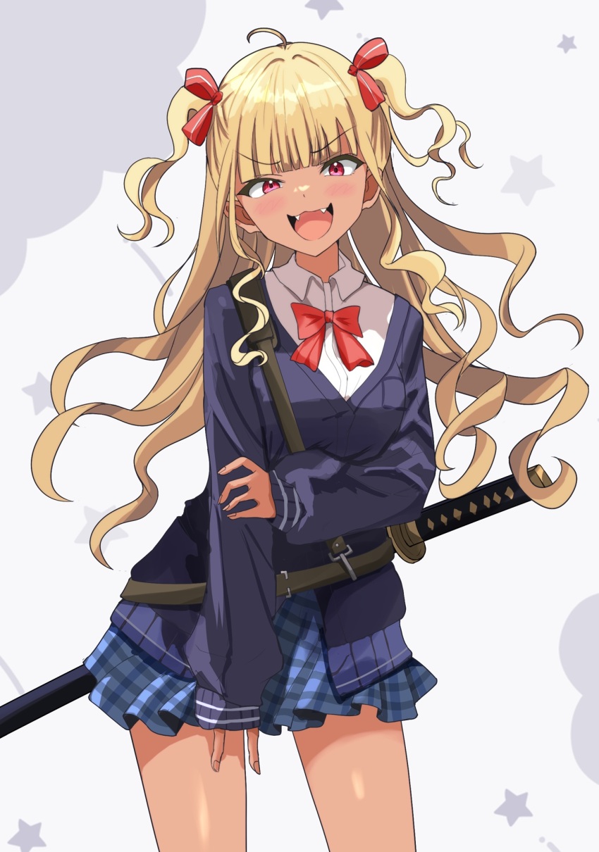 1girl, :d, ahoge, blonde_hair, blue_jacket, blue_skirt, blunt_bangs, bow, fangs, gyaru, hair_ribbon, highres, jacket, katana, long_hair, long_sleeves, open_mouth, original, osunahanko, plaid_clothes, plaid_skirt, red_bow, red_ribbon, ribbon, school_uniform, skirt, smile, solo, sword, tan, two_side_up, weapon, white_background