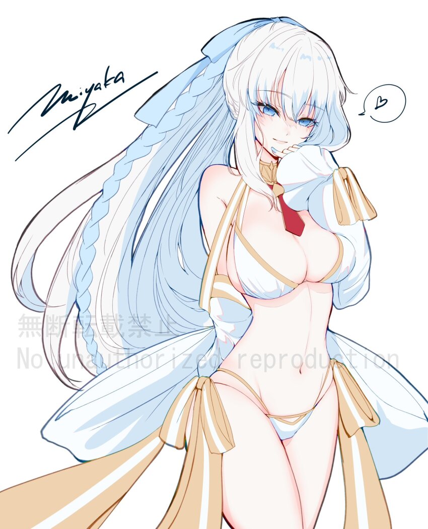 1girl, bikini, blue_eyes, blue_nails, braid, breasts, cleavage, detached_sleeves