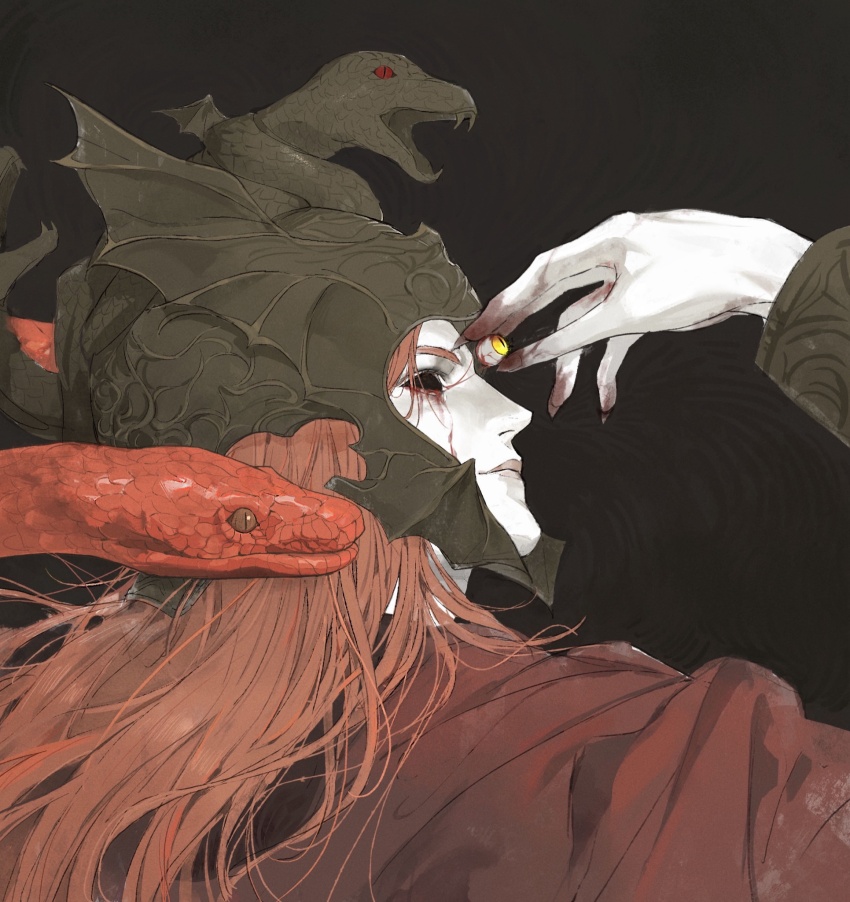 1boy, black_background, blood, blood_on_face, blood_on_hands, colored_skin, elden_ring, elden_ring:_shadow_of_the_erdtree