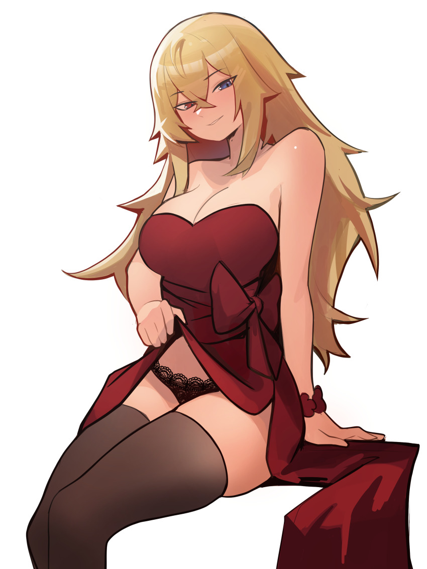 1girl, absurdres, blonde_hair, commission, distr, dress, hair_flaps, heterochromia, highres, ko-fi_commission, koga_twin_(kogasaguy), long_hair, looking_at_viewer, non-web_source, original, pulling_own_clothes, red_dress, smug