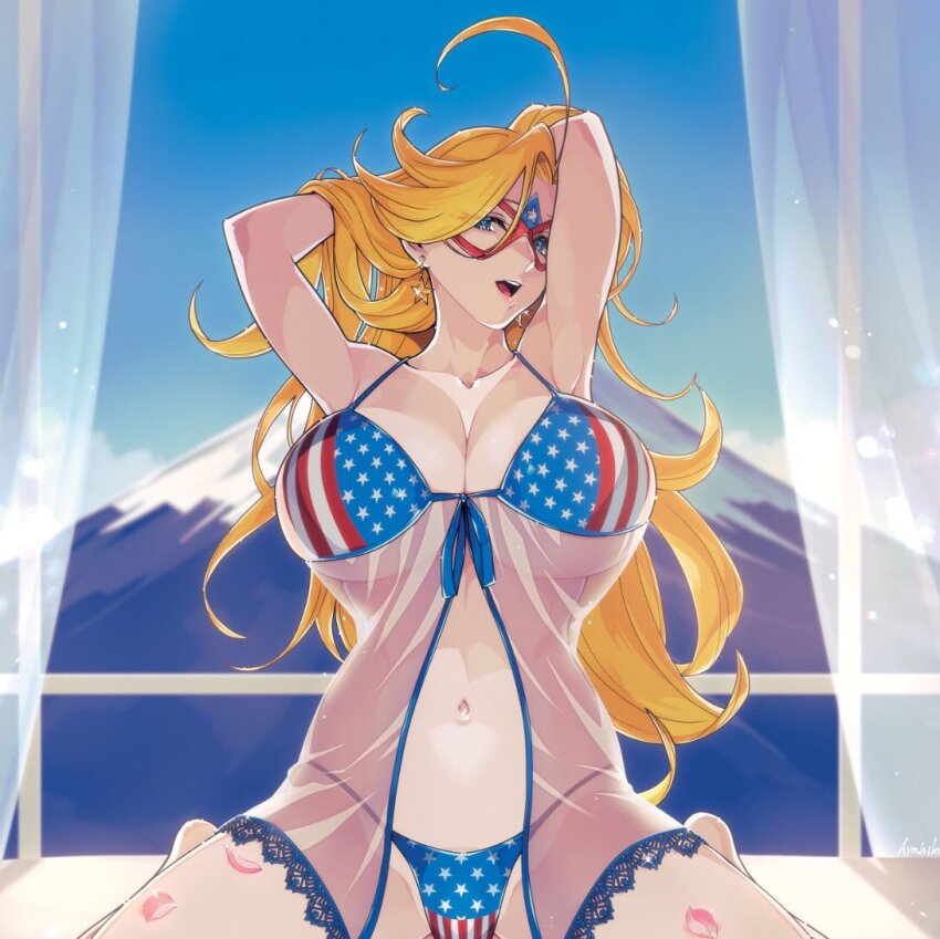 1girl, ahoge, american_flag, american_flag_bikini, american_flag_print, arms_behind_head, bikini, blonde_hair, blue_bikini, blue_eyes, breasts, cleavage, eye_mask, flag_print, flag_print_bikini, huge_breasts, kamen_america, kamen_america_(comic), long_hair, mask, minchia, navel, open_mouth, print_bikini, red_bikini, second-party_source, see-through_clothes, solo, star_(symbol), swimsuit, teeth, upper_teeth_only