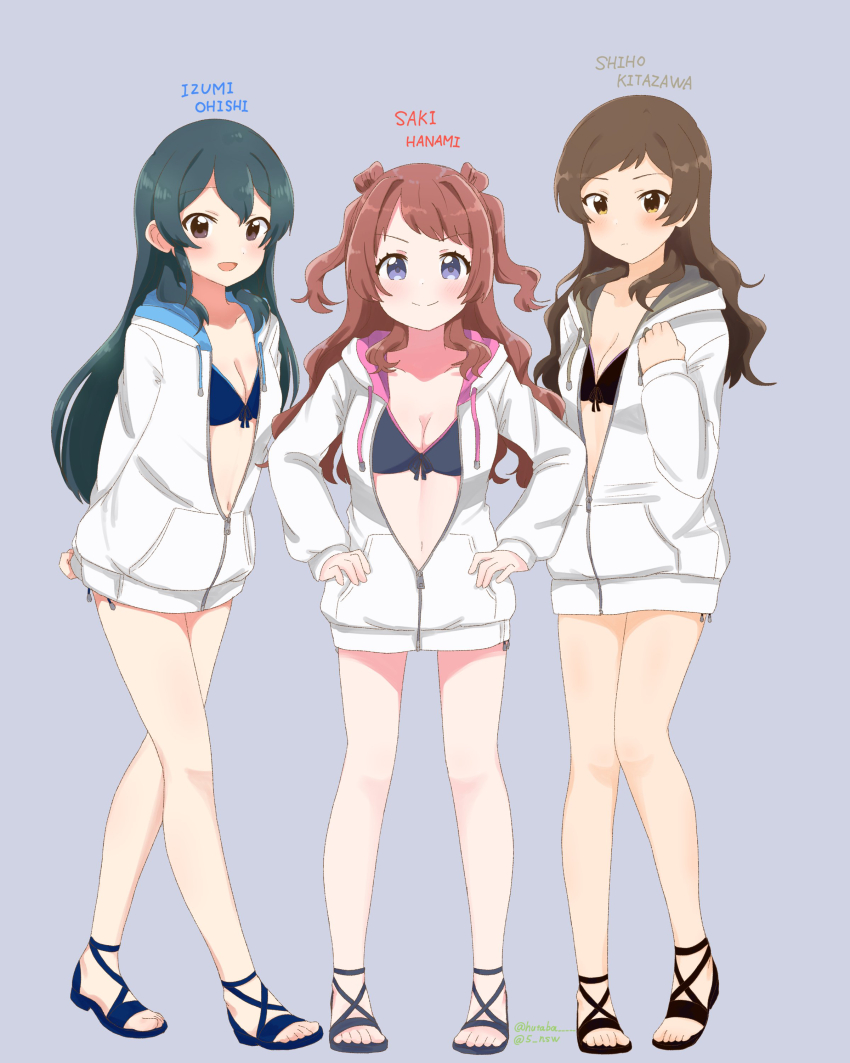 3girls, absurdres, bare_legs, bikini, bikini_under_clothes, blush, breasts, character_name, cleavage, collarbone, front-tie_bikini_top, front-tie_top, full_body, gakuen_idolmaster, grey_background, hanami_saki, highres, hood, hooded_jacket, hutaba, idolmaster, idolmaster_cinderella_girls, idolmaster_million_live!, in-franchise_crossover, jacket, jacket_over_swimsuit, kimi_to_semi_blue_(idolmaster), kitazawa_shiho, looking_at_viewer, medium_breasts, multiple_girls, ohishi_izumi, romaji_text, sandals, side-tie_peek, simple_background, smile, straight_hair, swimsuit, two-sided_fabric, two-sided_jacket, two_side_up, white_jacket