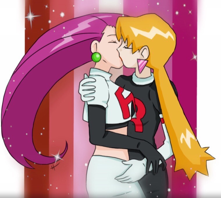 2girls, blonde_hair, buchichu, cassidy_(pokemon), closed_eyes, gloves, jessie_(pokemon), kiss, lesbian_flag, multiple_girls, nintendo, pink_hair, pokemon, pokemon_(anime), team_rocket, team_rocket_uniform, yuri