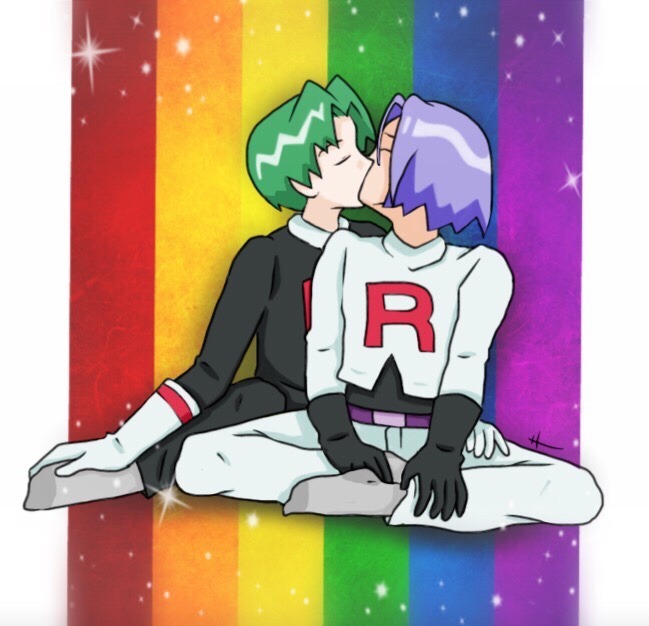 2boys, blue_hair, buchichu, butch_(pokemon), closed_eyes, green_hair, james_(pokemon), kiss