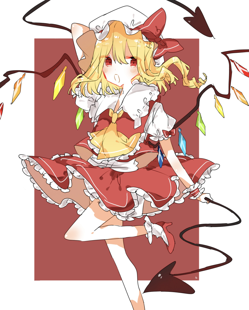1girl, ascot, blonde_hair, bloomers, flandre_scarlet, full_body, hat, hat_ribbon