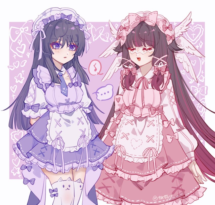 2girls, alternate_costume, apron, black_hair, blunt_ends, blush, bow, breasts